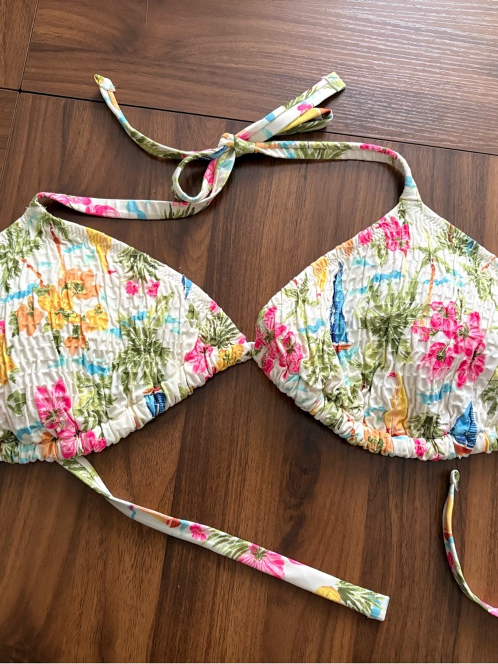 Old Navy White Floral Triangle Bikini Top with Pink and Green Accents